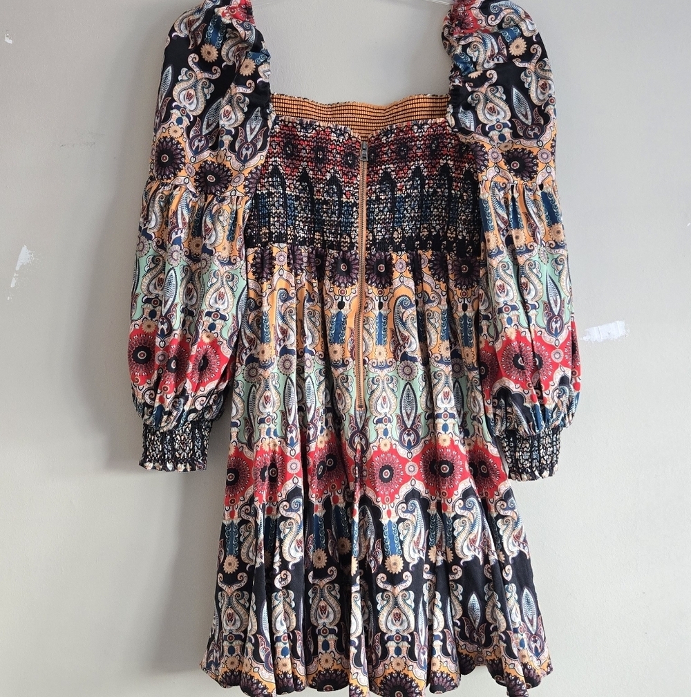 Alice and Olivia Julissa Smocked Mini Dress Size 2 Colorful Multiprint - Picture 9 of 16